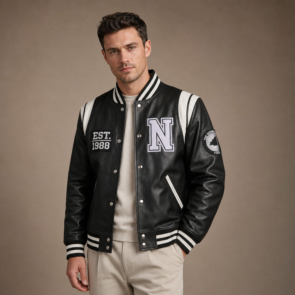Roadrunner Black and White Varsity Leather Jacket For Men in Black – Tarlano Premium Menswear