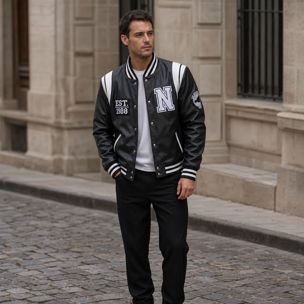 Roadrunner Black and White Varsity Leather Jacket For Men Black – Styled Editorial Shot