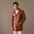 Rook Brown Leather Pea Coat For Men Brown – Side Angle View