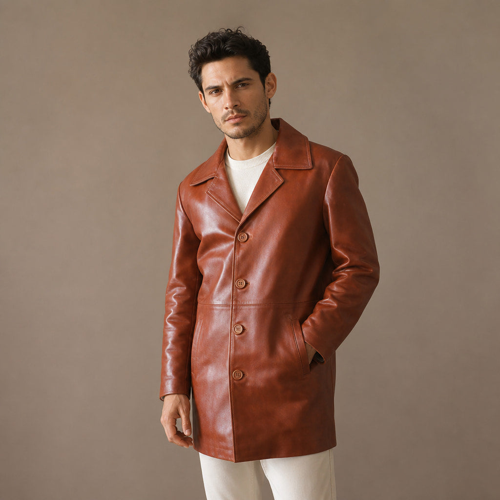 Rook Brown Leather Pea Coat For Men Brown – Side Angle View