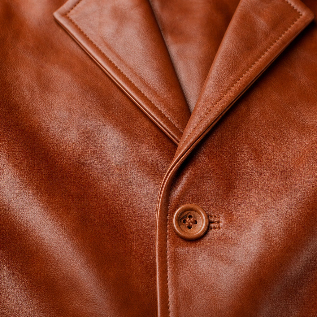 Rook Brown Leather Pea Coat For Men Brown – Fabric and Detail Close-Up