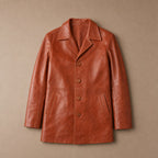 Rook Brown Leather Pea Coat For Men Brown – Flat Lay Product Photo