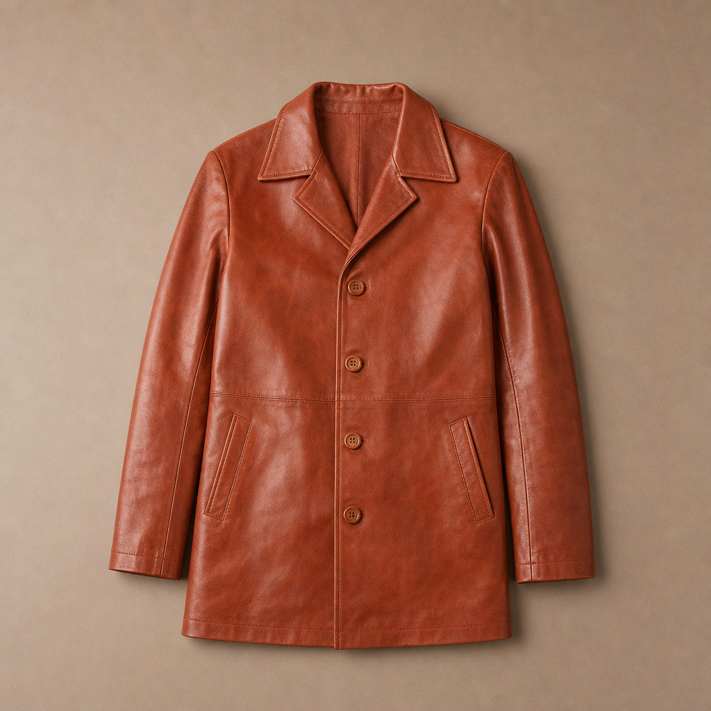 Rook Brown Leather Pea Coat For Men Brown – Flat Lay Product Photo