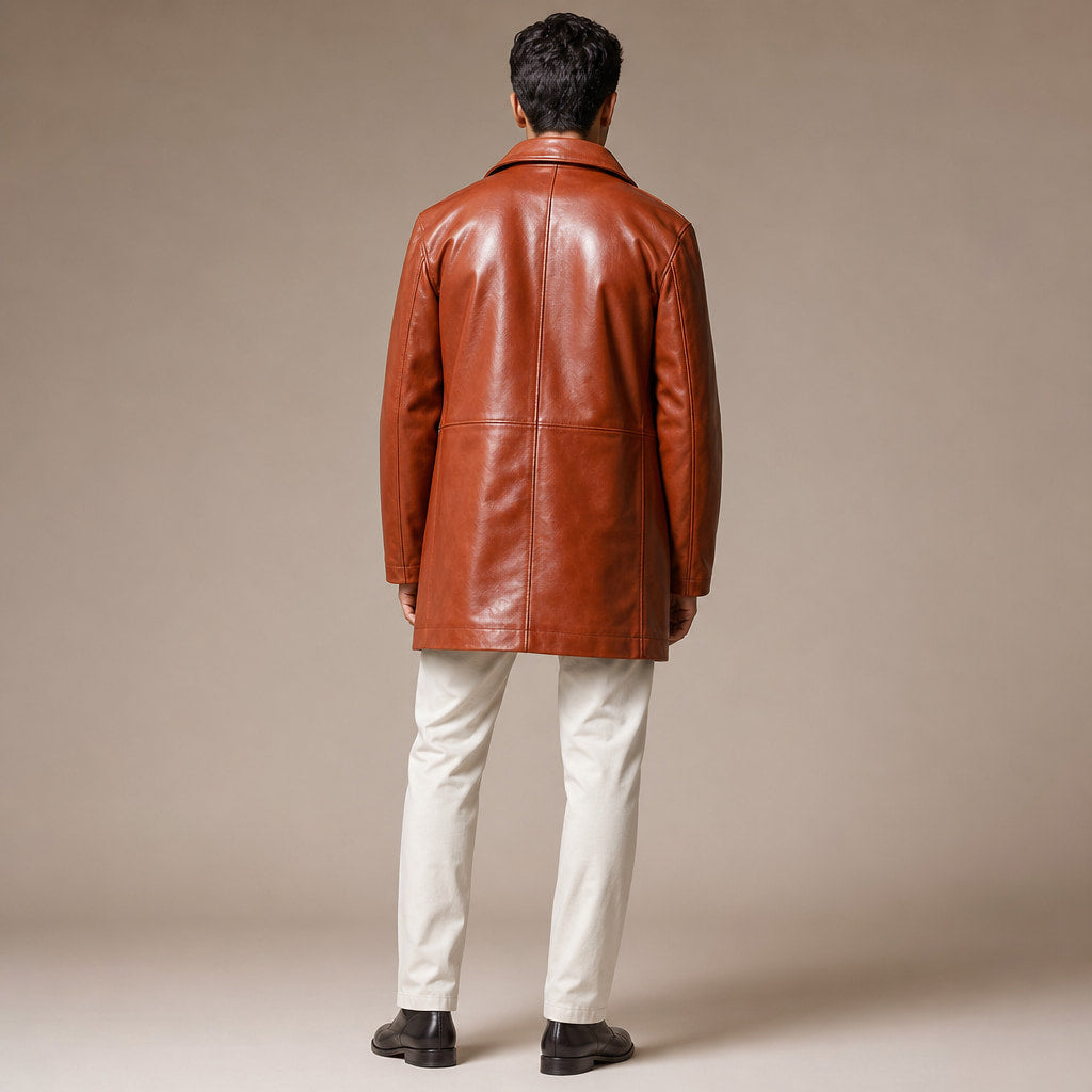 Rook Brown Leather Pea Coat For Men Brown – Full Look