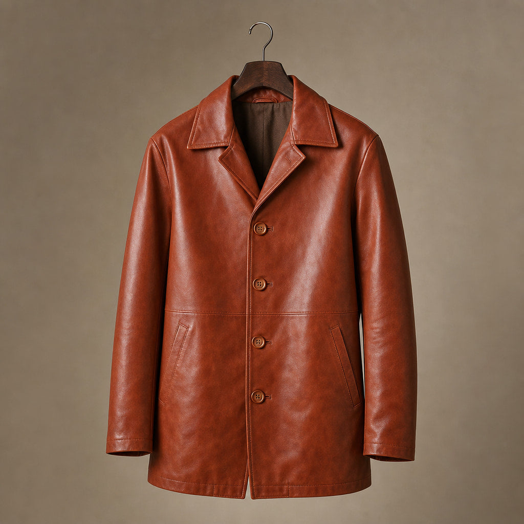 Rook Brown Leather Pea Coat For Men Brown – Product Photo