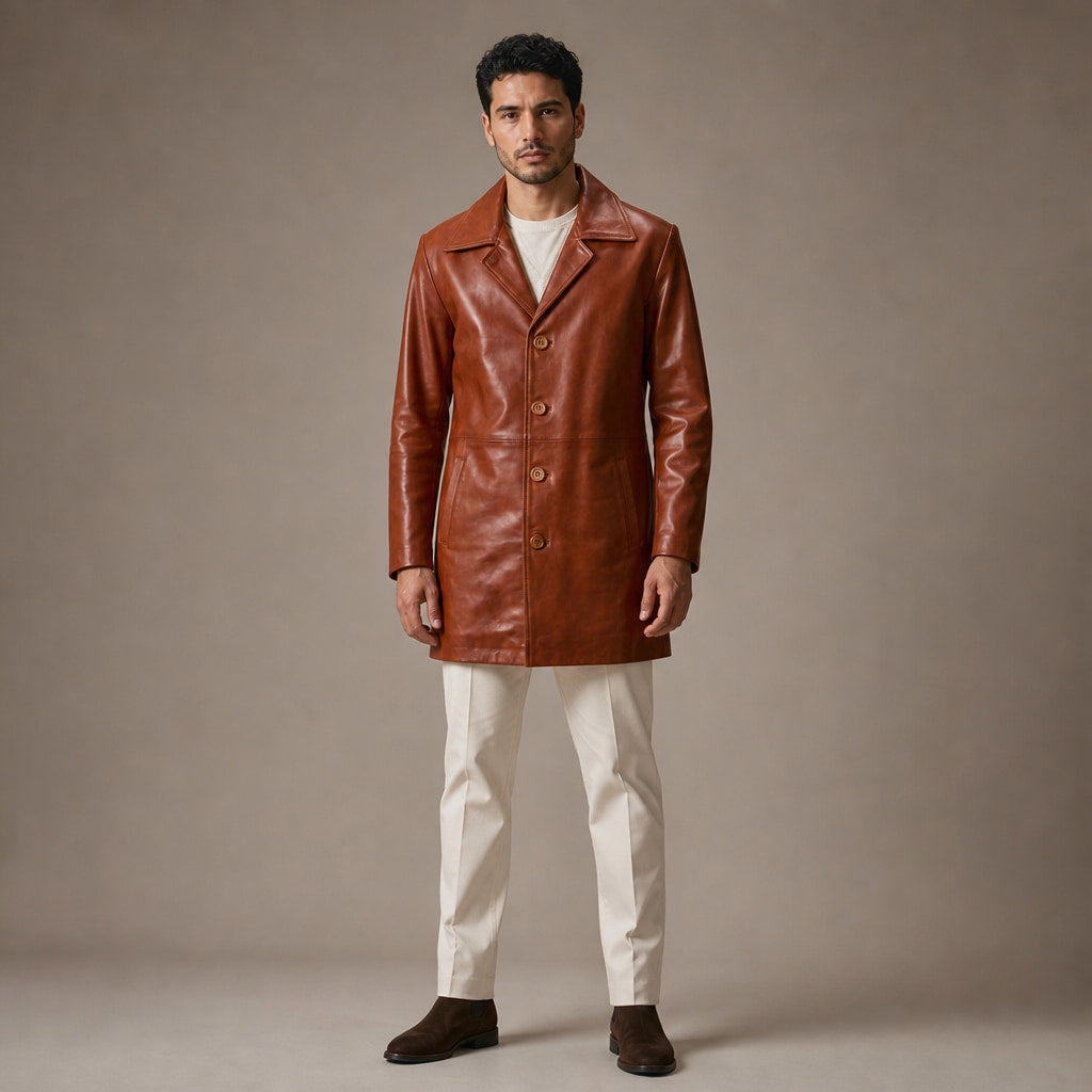 Rook Brown Leather Pea Coat For Men in Brown – Tarlano Premium Menswear