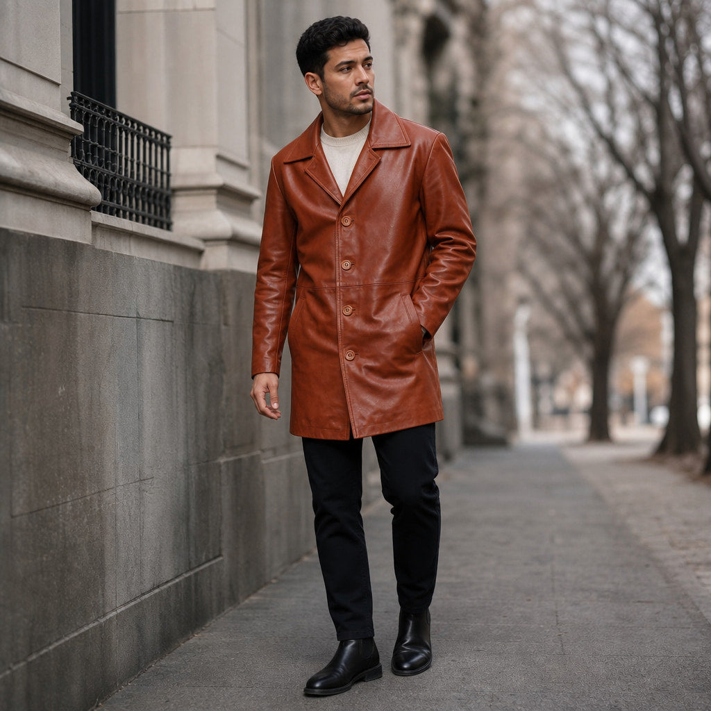 Rook Brown Leather Pea Coat For Men Brown – Styled Editorial Shot