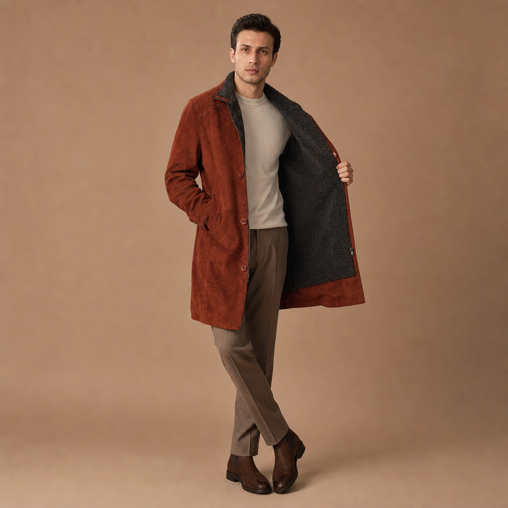 Royal Rust Brown Suede Leather Car Coat For Men Brown – Side Angle View