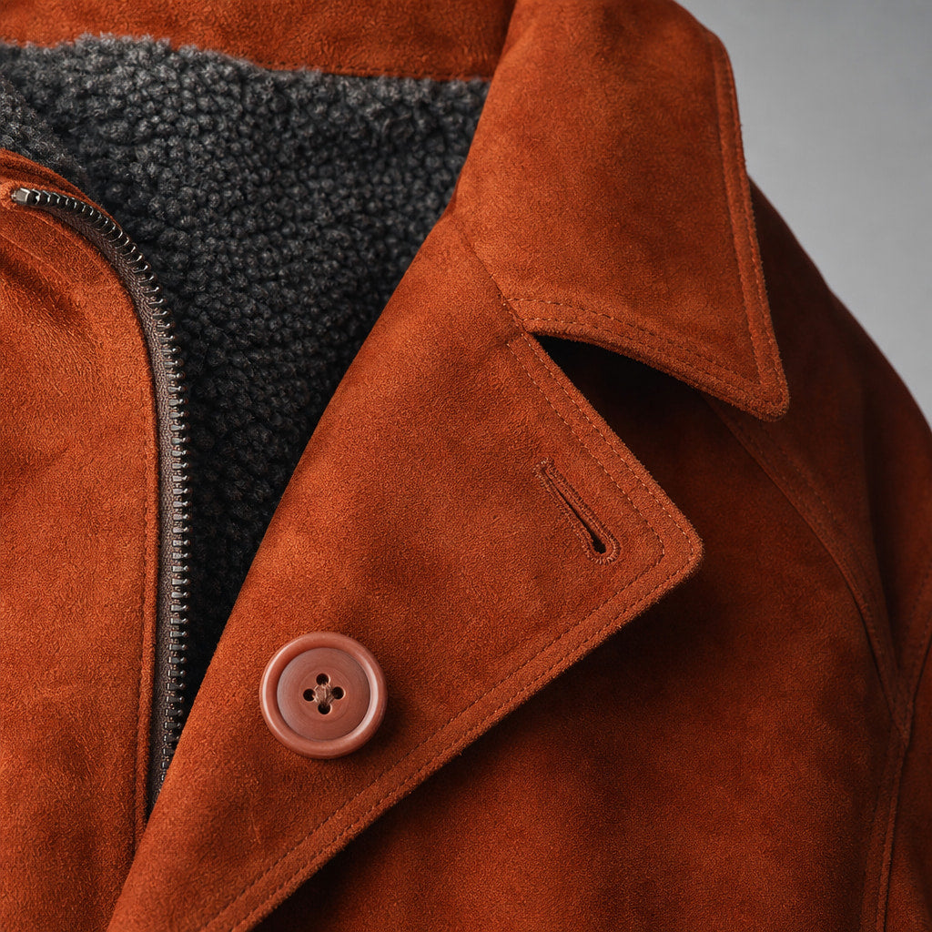 Royal Rust Brown Suede Leather Car Coat For Men Brown – Fabric and Detail Close-Up