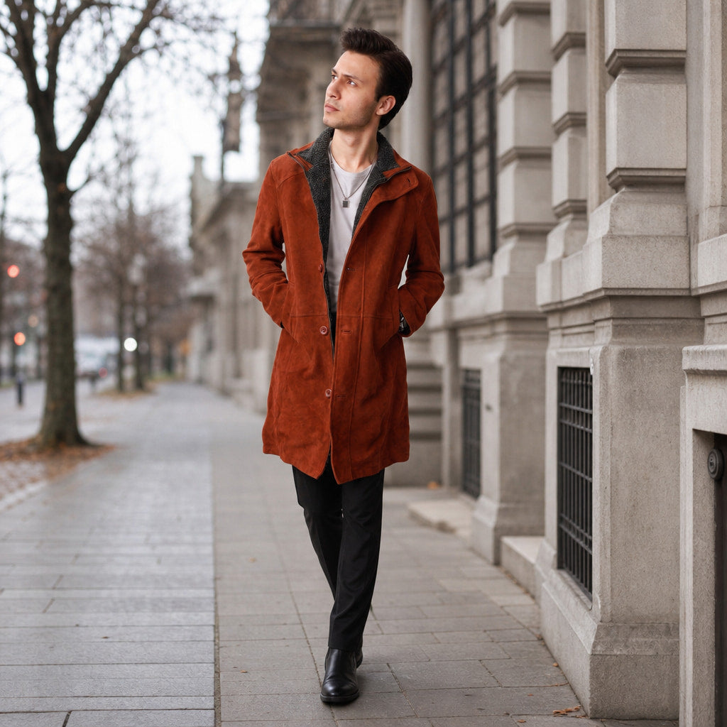 Royal Rust Brown Suede Leather Car Coat For Men Brown – Styled Editorial Shot