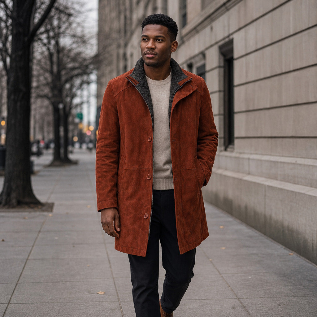 Royal Rust Brown Suede Leather Car Coat For Men Brown – Styled Editorial Shot