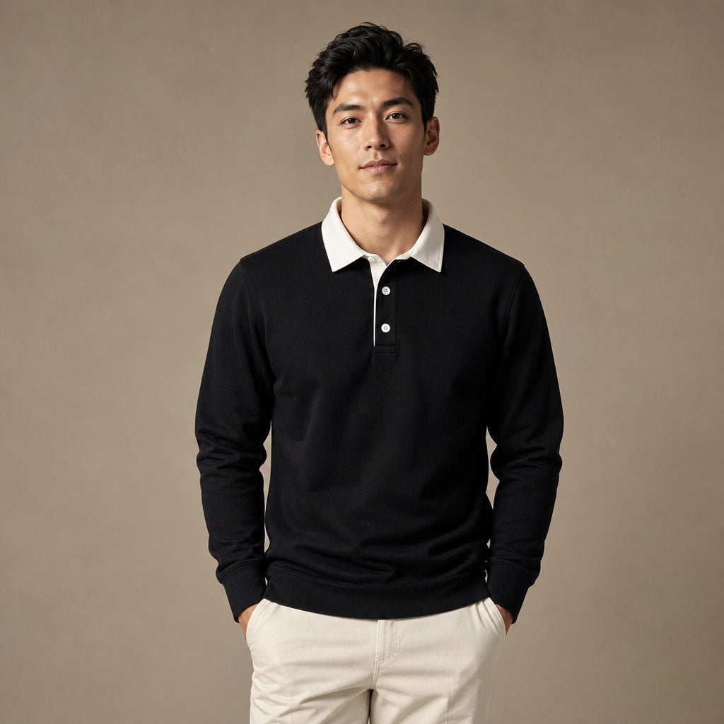 Rugby Shirt Contrast Collar Brushed Jersey Black – Product Photo