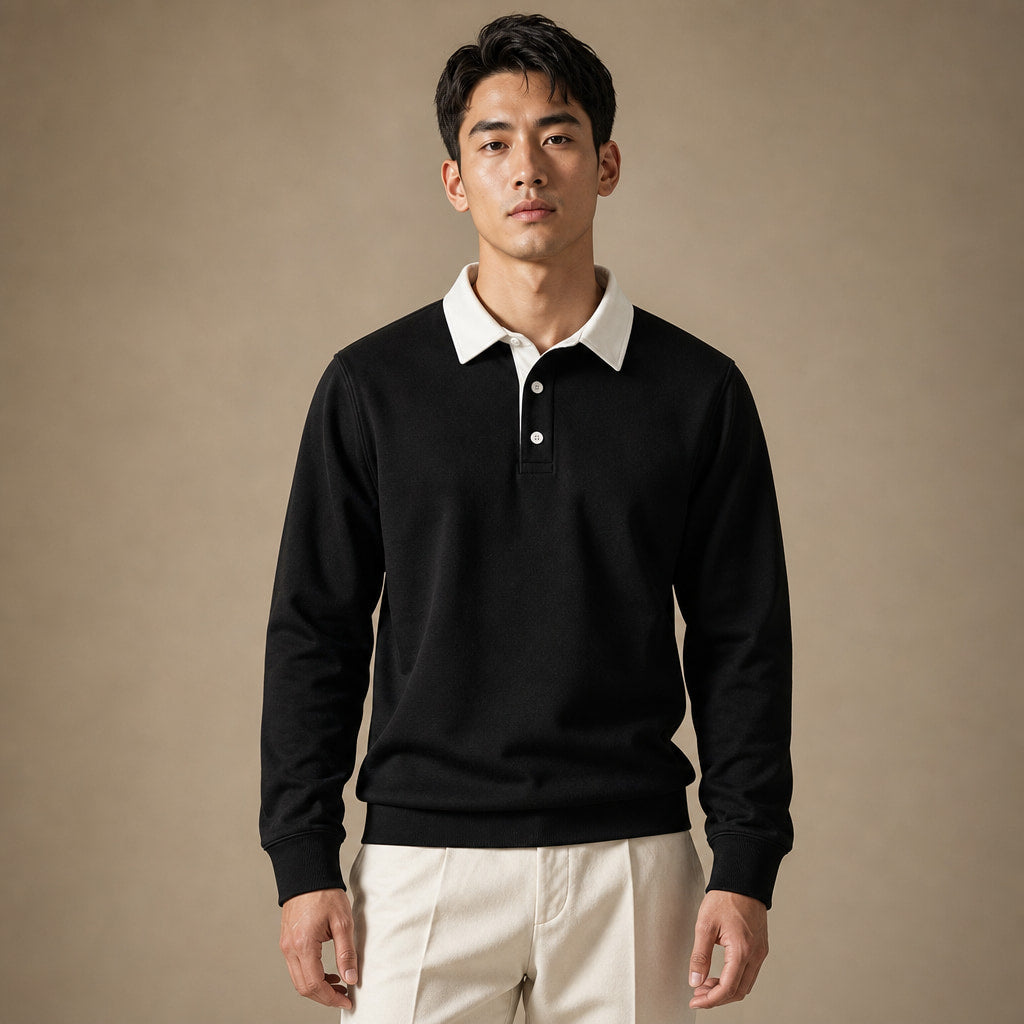 Rugby Shirt Contrast Collar Brushed Jersey in Black – Tarlano Premium Menswear
