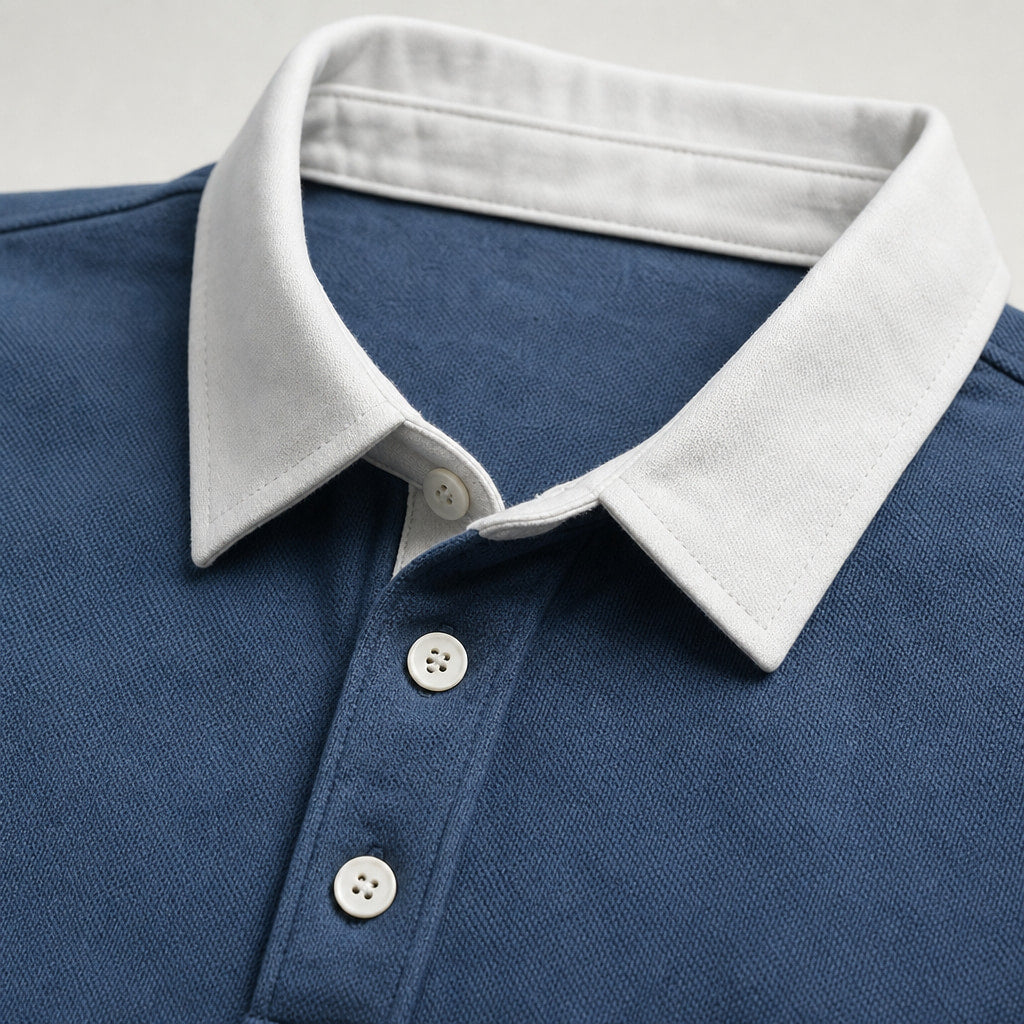 Rugby Shirt Contrast Collar Brushed Jersey Blue – Fabric and Detail Close-Up