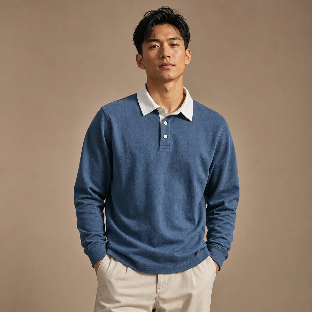 Rugby Shirt Contrast Collar Brushed Jersey Blue – Product Photo