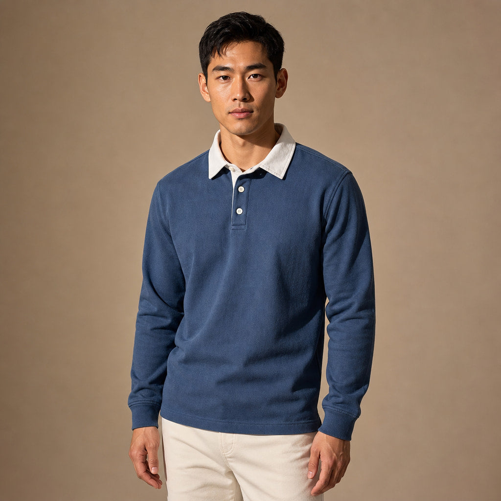 Rugby Shirt Contrast Collar Brushed Jersey in Blue – Tarlano Premium Menswear