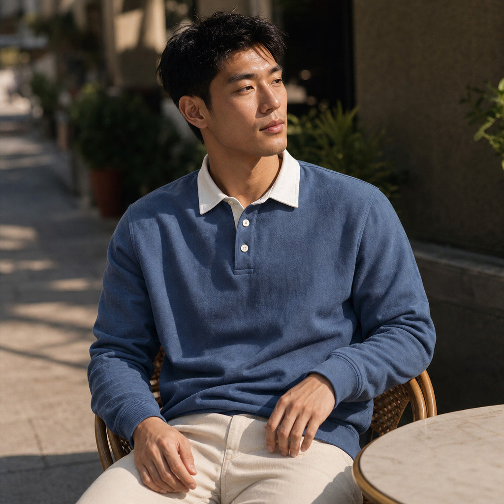 Rugby Shirt Contrast Collar Brushed Jersey Blue – Styled Editorial Shot
