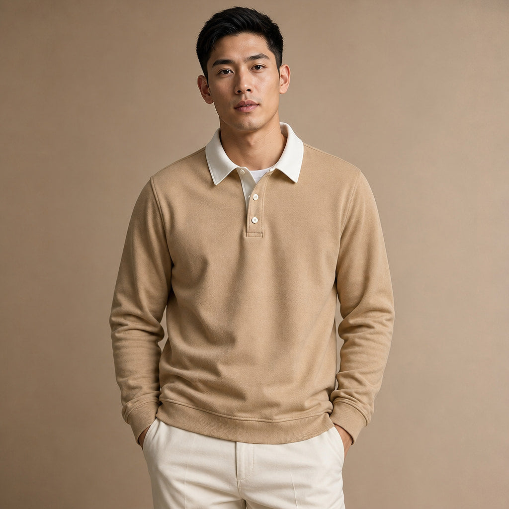 Rugby Shirt Contrast Collar Brushed Jersey Khaki – Product Photo
