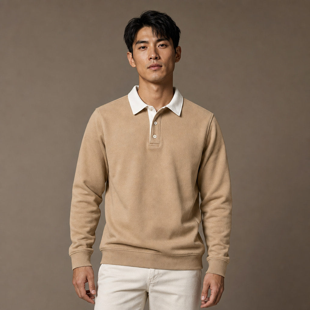 Rugby Shirt Contrast Collar Brushed Jersey in Khaki – Tarlano Premium Menswear