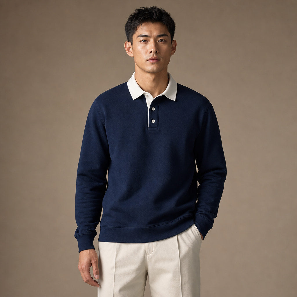 Rugby Shirt Contrast Collar Brushed Jersey in Navy – Tarlano Premium Menswear
