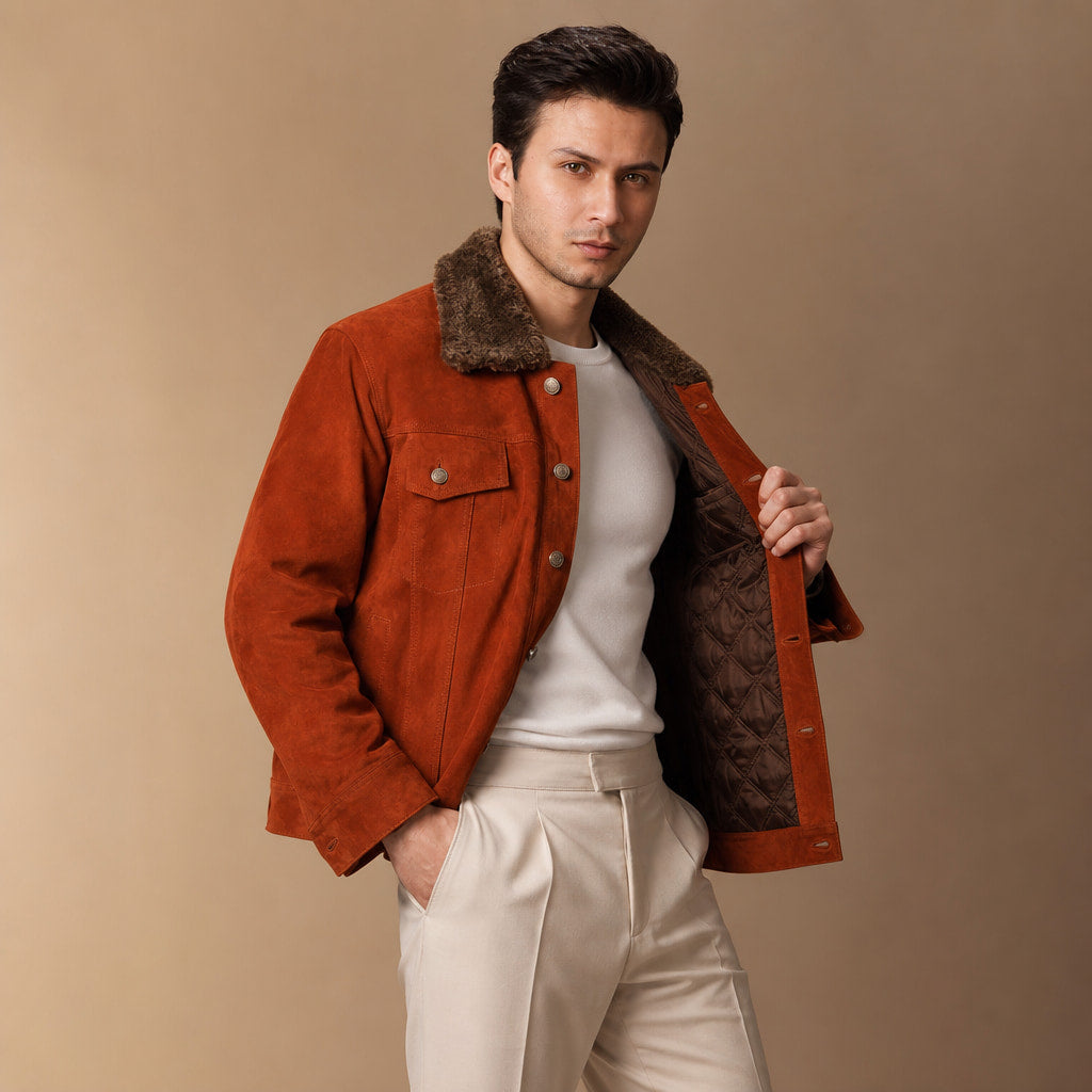 Satanic Ginger Orange Shearling Suede Leather Trucker Jacket Orange – Side Angle View