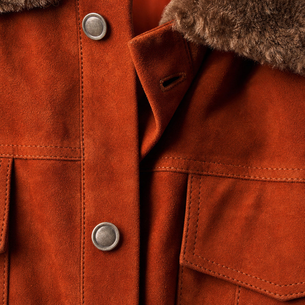 Satanic Ginger Orange Shearling Suede Leather Trucker Jacket Orange – Fabric and Detail Close-Up