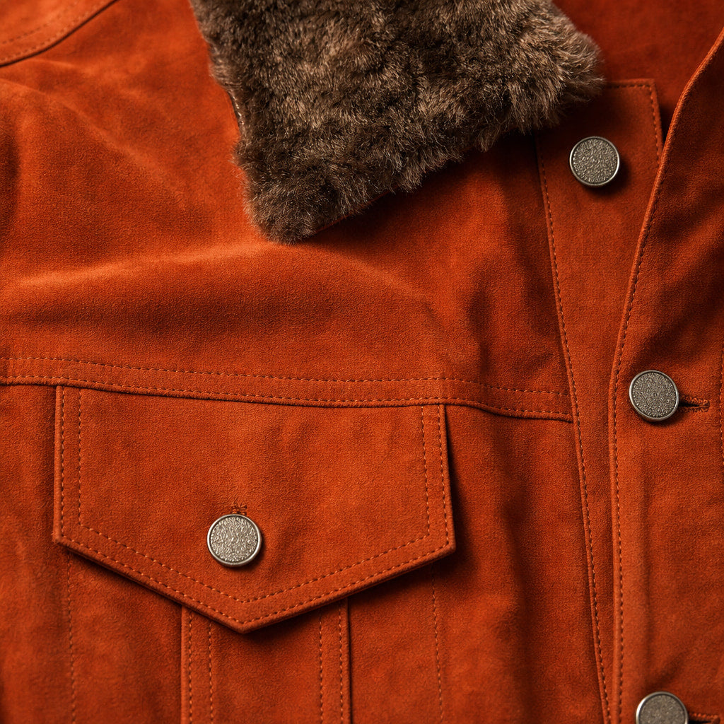 Satanic Ginger Orange Shearling Suede Leather Trucker Jacket Orange – Fabric and Detail Close-Up
