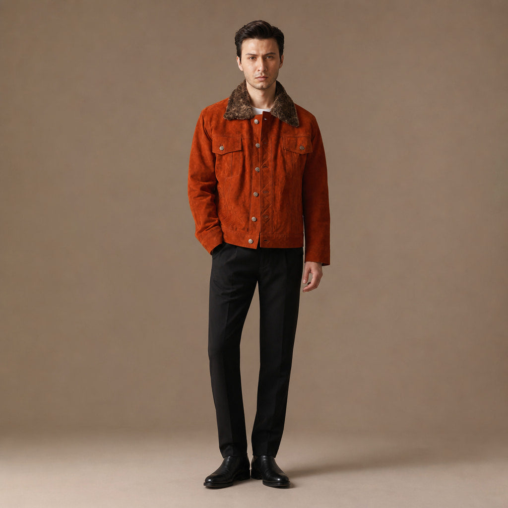 Satanic Ginger Orange Shearling Suede Leather Trucker Jacket Orange – Full Look