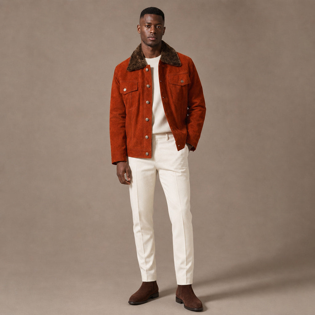 Satanic Ginger Orange Shearling Suede Leather Trucker Jacket Orange – Full Look