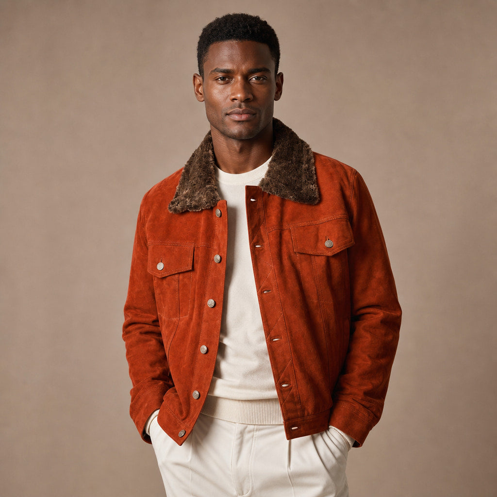 Satanic Ginger Orange Shearling Suede Leather Trucker Jacket Orange – Product Photo