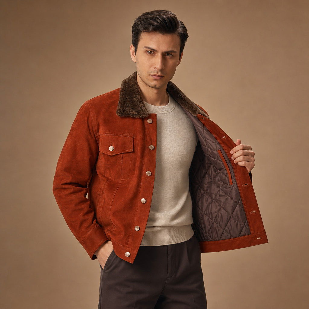 Satanic Ginger Orange Shearling Suede Leather Trucker Jacket in Orange – Tarlano Premium Menswear