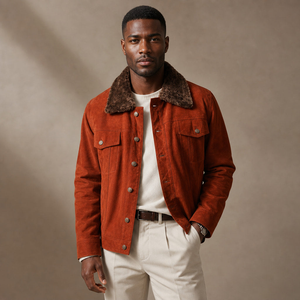 Satanic Ginger Orange Shearling Suede Leather Trucker Jacket in Orange – Tarlano Premium Menswear