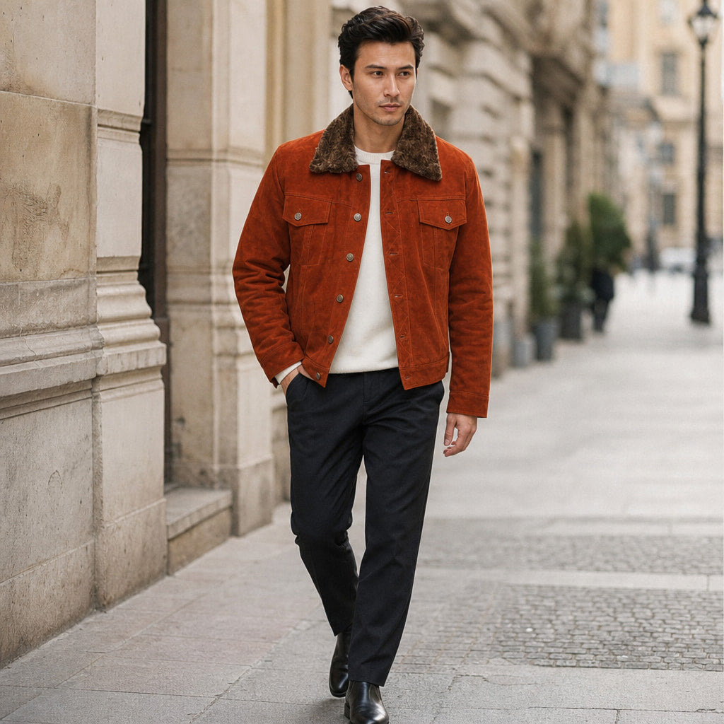 Satanic Ginger Orange Shearling Suede Leather Trucker Jacket Orange – Styled Editorial Shot