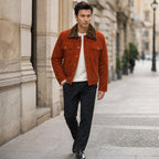 Satanic Ginger Orange Shearling Suede Leather Trucker Jacket Orange – Styled Editorial Shot