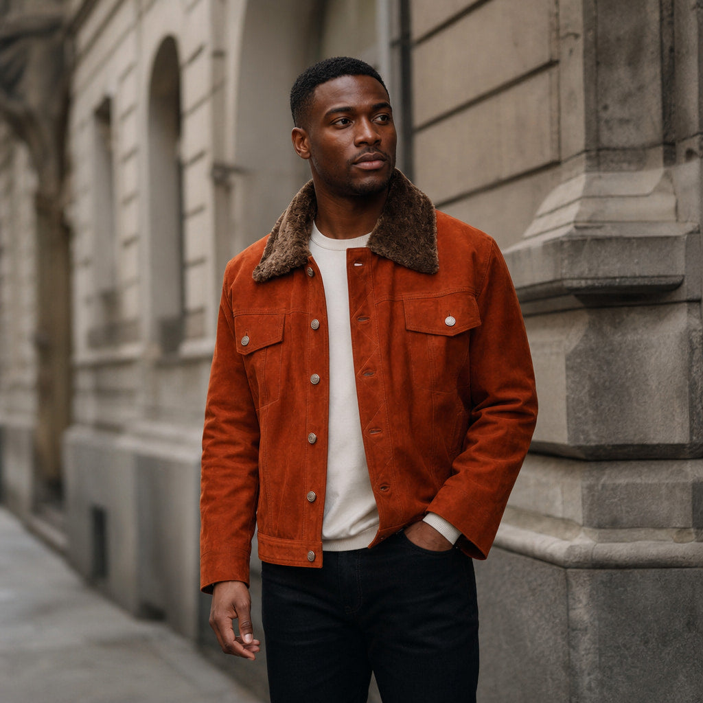 Satanic Ginger Orange Shearling Suede Leather Trucker Jacket Orange – Styled Editorial Shot