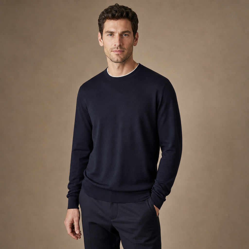 Scilla Cotton-Silk Crewneck Deep Navy – Side Angle View