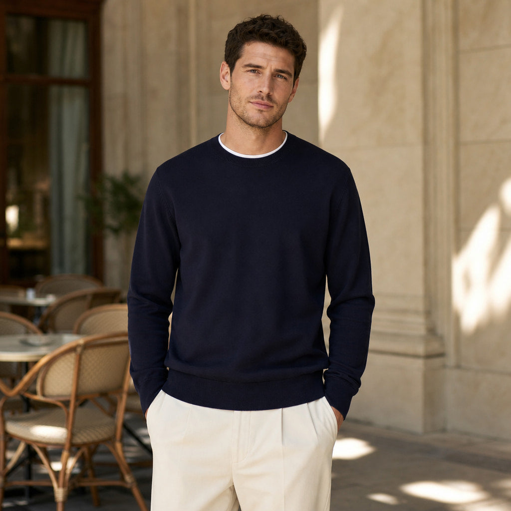 Scilla Cotton-Silk Crewneck Deep Navy – Styled Editorial Shot