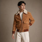 Scotch Camel Brown G-1 Bomber Shearling Suede Leather Jacket For Men Brown – Side Angle View