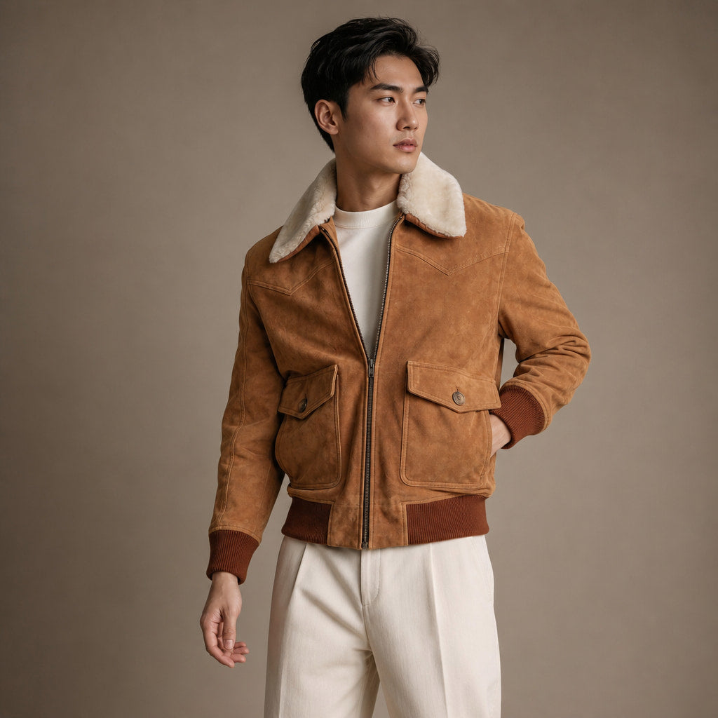 Scotch Camel Brown G-1 Bomber Shearling Suede Leather Jacket For Men Brown – Side Angle View