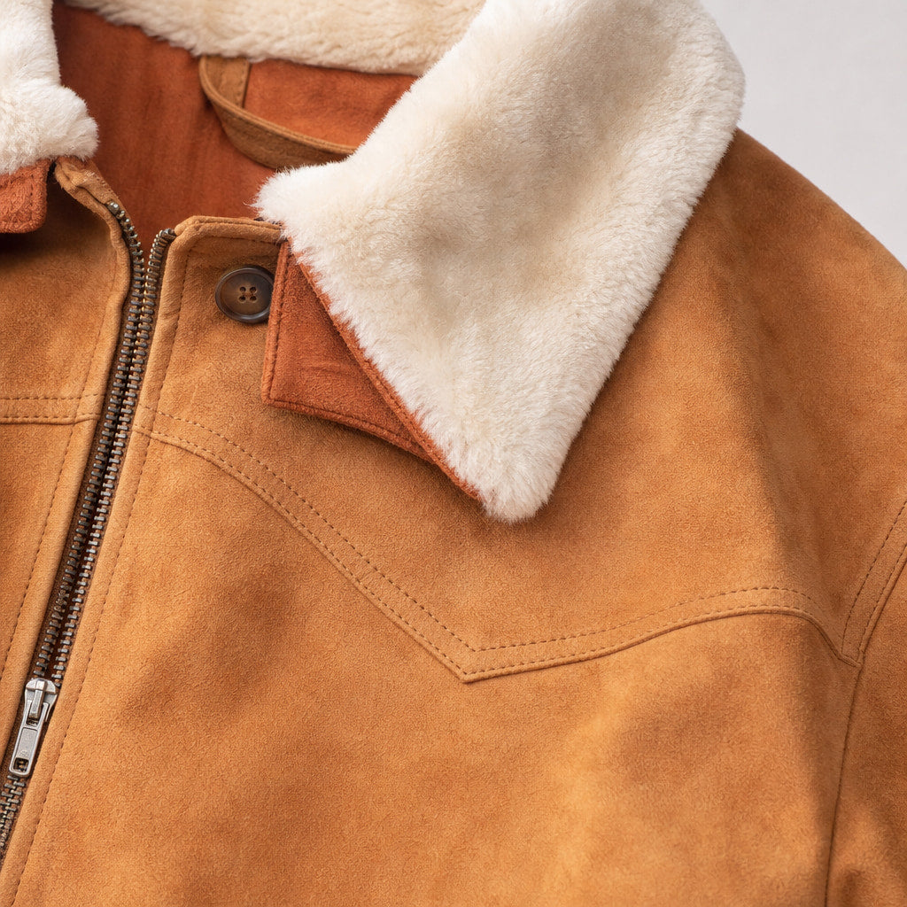 Scotch Camel Brown G-1 Bomber Shearling Suede Leather Jacket For Men Brown – Fabric and Detail Close-Up