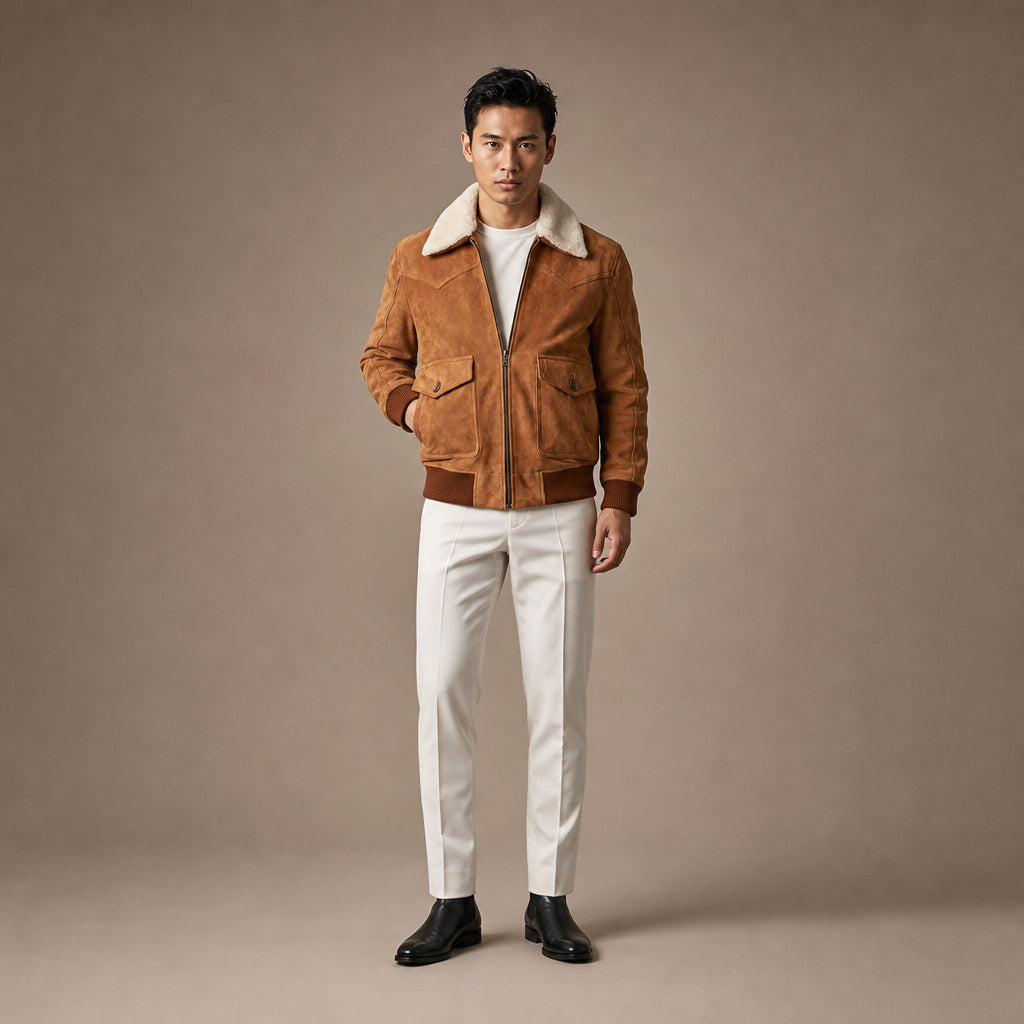 Scotch Camel Brown G-1 Bomber Shearling Suede Leather Jacket For Men Brown – Full Look