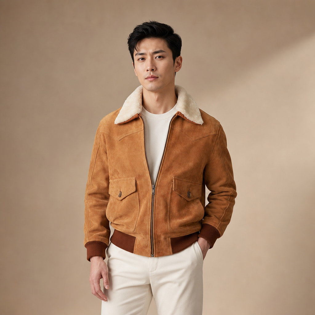 Scotch Camel Brown G-1 Bomber Shearling Suede Leather Jacket For Men Brown – Product Photo