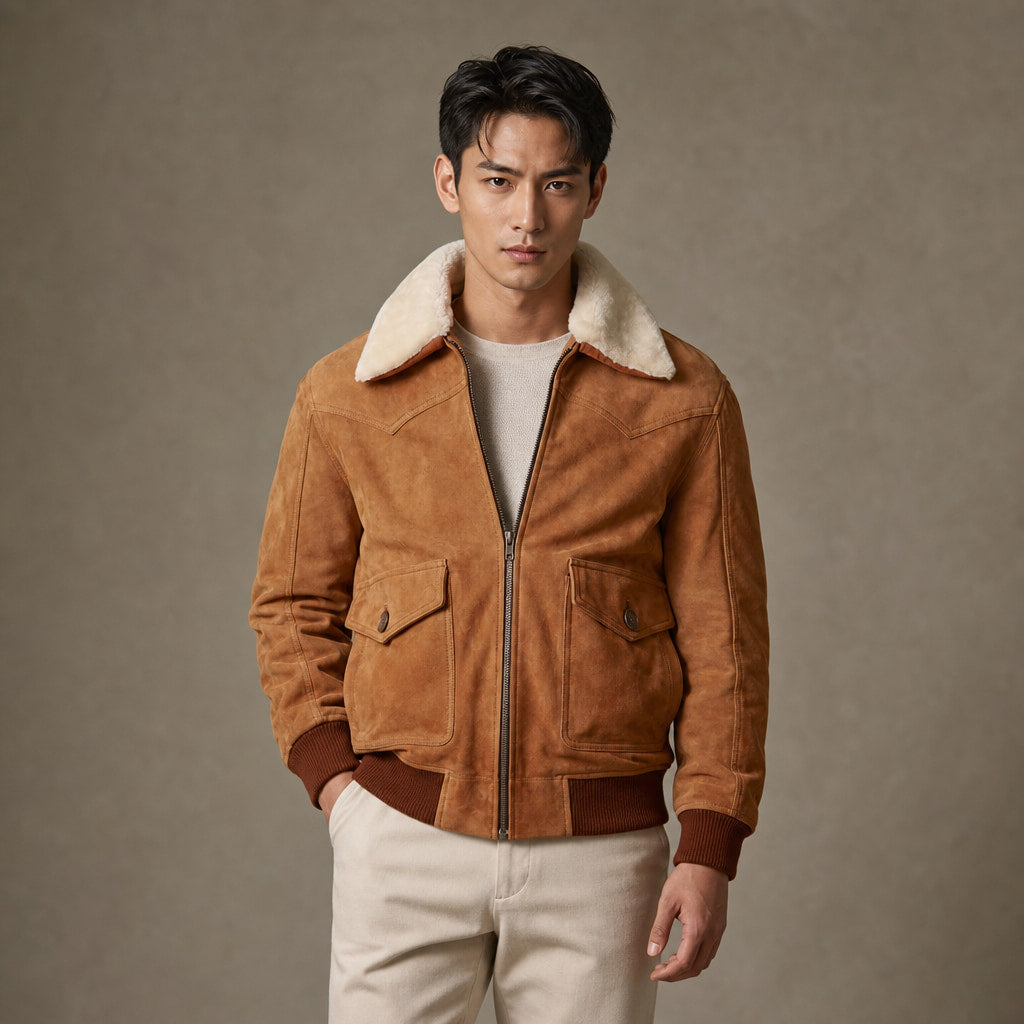 Scotch Camel Brown G-1 Bomber Shearling Suede Leather Jacket For Men in Brown – Tarlano Premium Menswear