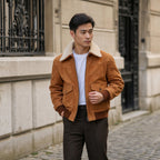 Scotch Camel Brown G-1 Bomber Shearling Suede Leather Jacket For Men Brown – Styled Editorial Shot