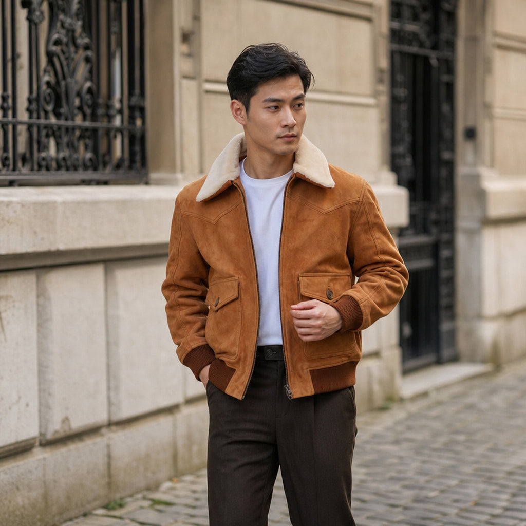 Scotch Camel Brown G-1 Bomber Shearling Suede Leather Jacket For Men Brown – Styled Editorial Shot
