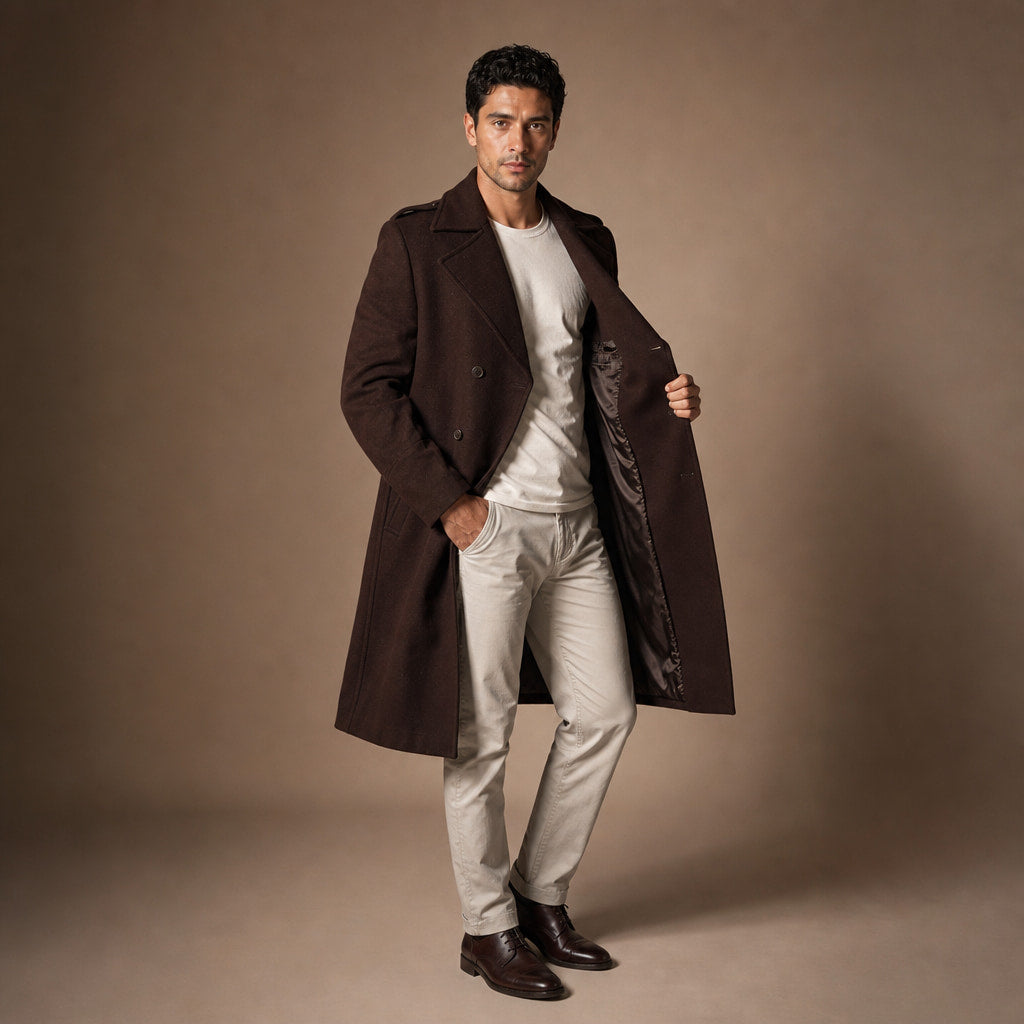 Scotch Coffee Brown Double-Breasted Wool Trench Coat For Men Brown – Side Angle View
