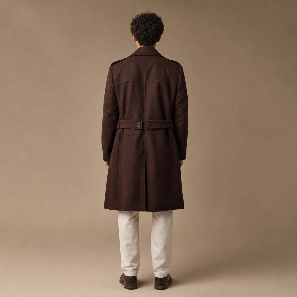 Scotch Coffee Brown Double-Breasted Wool Trench Coat For Men Brown – Full Look