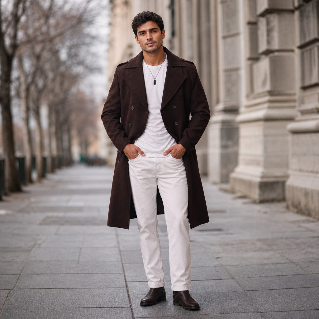 Scotch Coffee Brown Double-Breasted Wool Trench Coat For Men Brown – Styled Editorial Shot