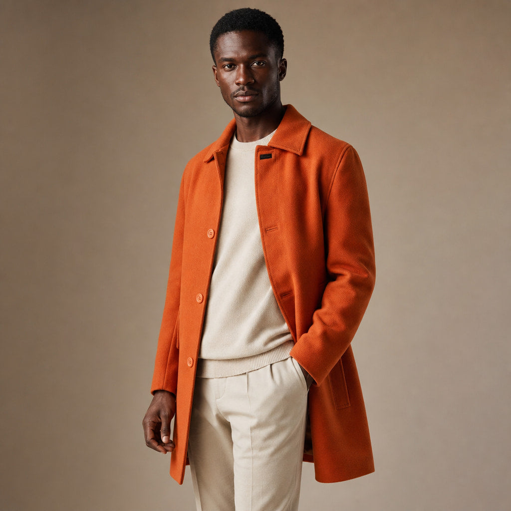 Serene Orange Wool Car Coat For Men Orange – Side Angle View