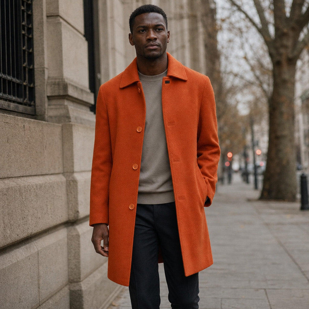 Serene Orange Wool Car Coat For Men Orange – Styled Editorial Shot